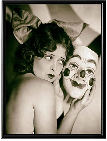 Clara Bow Vintage Print Poster - 1920s Retro Hollywood Movie Photo - Clown Wall Art - Retro Black and White Weird Stuff - Gifts for Old Strang Lovers - Antique Actress Pictures Wall Decor for Bedroom