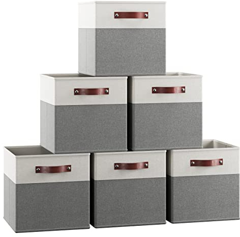 Ornavo Home 13 x 13 Storage Cube Bins, Foldable Collapsible Fabric Storage Bins Box Linen Shelf Basket Cube Organizer for Closet with Leather Handles, 6 Pack, White/Gray