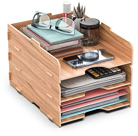 HORRAu Corbeille à Courrier/Papier A4, 3 Étages Empilables, Banette de Rangement Bureau, Organisateur de Bureau en Bois
