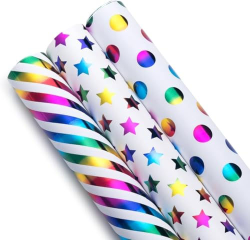 Set 3 Regenbogen Glitzernde Geschenkpapier Bunt Rollen, Geschenkverpackung für Geburtstag Weihnachten Valentinstag, Happy Birthday Geschenkpapier, 43cm x 3m Je Rolle