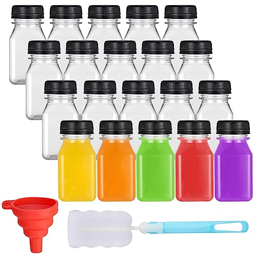 Opopark 20Pcs 4oz/120ml Plastic Juice Bottles with Lid,Pouring Funnel Brush | , Empty Reusable Drink Containers for Smoothie Juice Milk, Water and Other Beverages, Black,transparent