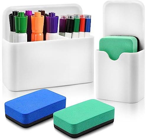 2 Stück Magnetischer Stifthalter, Markerhalterung, Stifte Organizer, Stiftebox, Whiteboard Zubehör,Stifthalter Magnetisch mit 2 Whiteboard Schwamm für Kühlschrank Magnettafel Zuhause Büro Schule(Weiß)