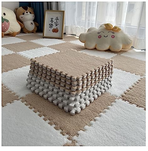 12-teilige Puzzle-Spielmatte, Flauschige Plüsch-Teppichfliesen, Quadratisches Schaumstoff-Teppich-Set, Schaumstoff-Bodenfliesen Für Spielzimmer, Schlafzimmer, 30 X 30 cm(Color:Weiß+Heller Kaffee)