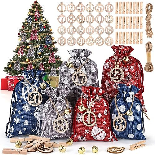 DazSpirit 24 Adventskalender zum Befüllen 2025, DIY Adventskalender Säckchen Stoffbeutel mit Holzklammern, Hanfseil, Glocken und Holzzahlen, Weihnachtskalender Selberfüllen für Kinder und Erwachsene