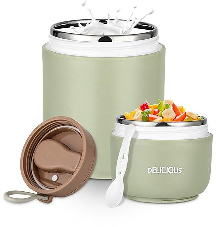 FAOKZE Gobelet à céréales en acier inoxydable,720 ml Double gobelet de petit-déjeuner, gobelet de yaourt, Anti-fuite Avec cuillère et couvercle, adapté à l'école, au bureau(Vert)