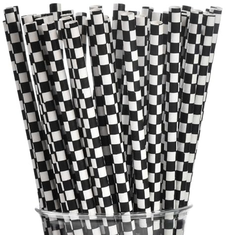 ALINK 100 Black and White Checkered Racing Paper Straws, Biodegradable Disposable Drinking Straws for Brithday, New Year, Party Decoration Supplies