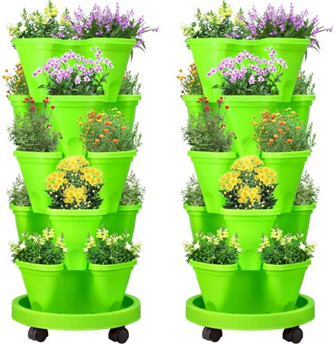 Umigy Juego de 2 macetas apilables de 5 niveles con ruedas móviles y platillo inferior, maceta vertical de jardinería para cultivar flores, hierbas, fresas, verduras, suculentas (verde)