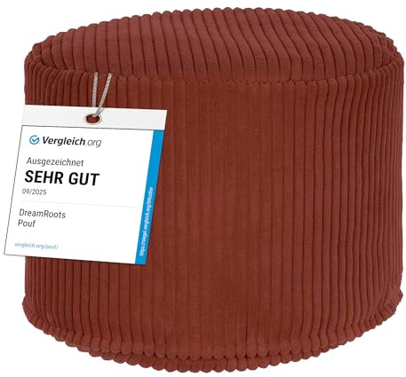 DreamRoots Cord Pouf Hocker rund 50x50x35 cm, Fired Brick | Runder Bodenstuhl, Sitzkissen Boden, 380 g/m², für Wohnzimmer, Schlafzimmer & Homeoffice, waschbar, Fußhocker