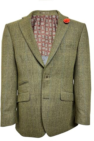 Veste en laine tweed pour homme - Vert à carreaux - Pour course de chevaux - Pour mariage, tir, chasse, Vert, 52