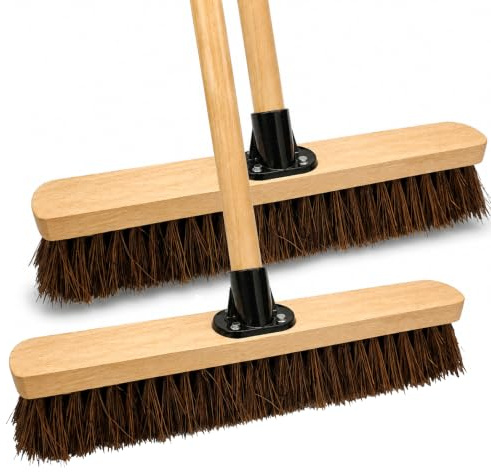 18” Outdoor Garden Broom with Wooden Handle Natural Stiff Bassine Hard Bristle with Durable Support Bracket Yard Brush Heavy Duty Broom Outdoor Cleaning Sweeping (PACK OF 2)