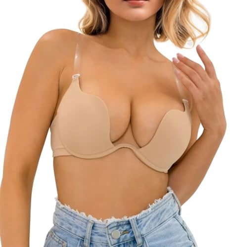 Sexy Code 1701 Soutien-Gorge Push-up pour Femmes Low Plunge avec Bretelles Transparentes,Deep-V Plunge Soutien-Gorge Taille Basse, Armatures, Décolleté Rembourré(D013UX+D259JD,Beige,34C)