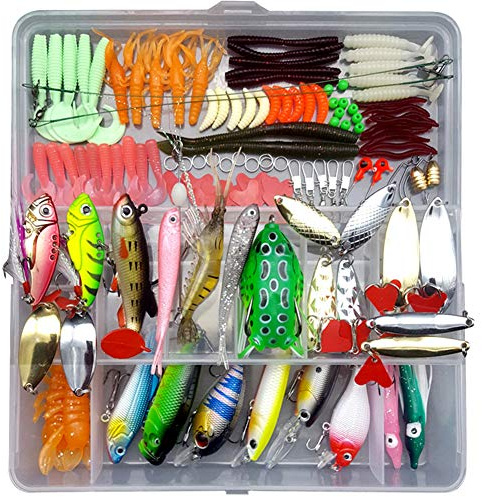 RoseFlower Angelköder Set Gummifische Angeln Köder Kunstköder Gummiköder Kit Inklusive Angelhaken, Würmer, Spinner, Höhenhaken, Führer - Süßwasser Salzwasser Eisangeln Fliegenfischen Fischen Geschenk