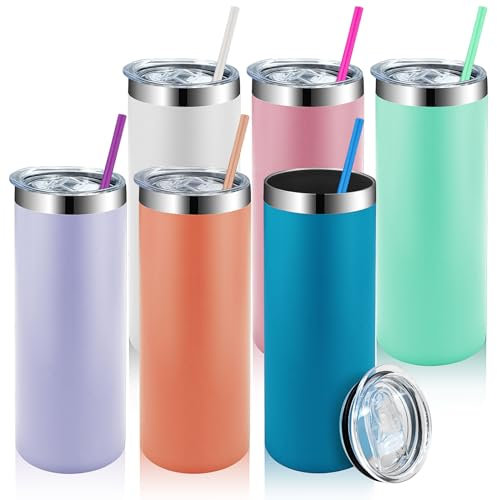 TESIN 6 Pack Stainless Steel Slim Tumblers with Straws and Lids, 20 oz Double Wall Vacuum Insulated Travel Water Cups (Light Color)