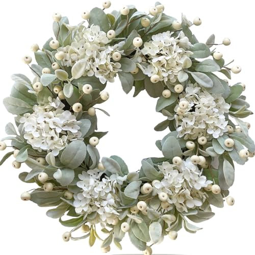CIR OASES 22-inch Spring wreath White hydrangea berry Green rabbit ear leaf Artificial wreath Front porch Home decor Wedding Party Office holiday decor