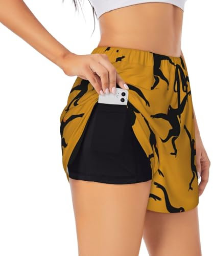 Gibbon Monkey Damen-Laufshorts mit Innenfutter, 3 Reißverschlusstaschen, elastisch, Workout, Athletik, Fitnessstudio, Yoga-Shorts, Schwarz , XL