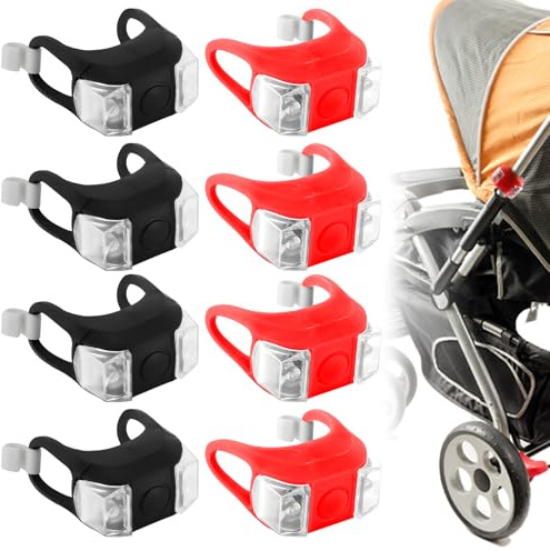 Sporgo 8 stycken LED-barnvagnsljus: Vattentät barnvagnsljus LED silikonlampor silikon buggyljus, mångsidig LED barnvagn ljus för alla barnvagnsbelysning (röd svart)