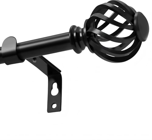 Schwarz Gardinenstange 70-155cm, 16 mm Durchmesser Verstellbare Vorhangstange mit Kappenknäufen und Halterungen für Wohnzimmer, Schlafzimmer oder Küche
