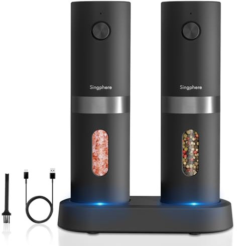 Singhere Molinos eléctricos de sal y pimienta, molinillo pimienta con base recargable, molinos ajustables de sal y pimienta, con lámparas led, moliendo automáticamente de grueso a fino