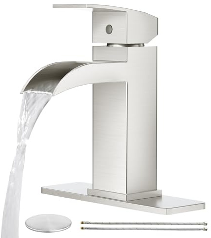 CREA Wasserfall-Badezimmer-Wasserhahn, 1 Loch, Einhandgriff, gebürstetes Nickel, Waschbeckenarmatur mit Ablauf/3-Loch-Deckplatte, Edelstahl, Waschtischarmatur (cUPC Warm- und Kaltwasserversorgung)