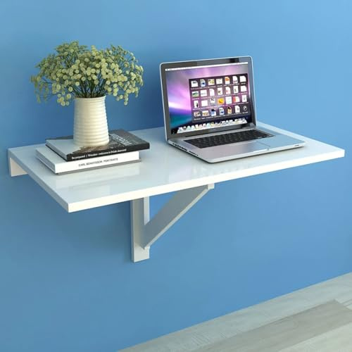 Brokky Tavolo Pieghevole da Parete Bianco 100x60 cm-Tavolo da Parete Pieghevole in Legno, Scaffale a Muro Richiudibile Salvaspazio Versatile, Scrivania Porta Pc, Tavolino da Pranzo, Soggiorno, Salotto