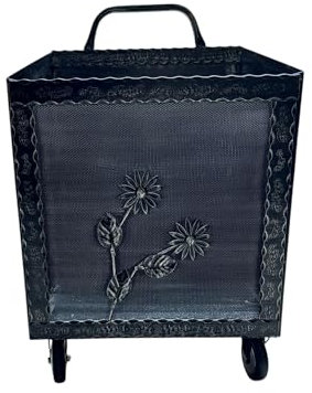 Porta Legna con Ruote, Porta Pellet, in Ferro Battuto, 52 x 50 x 84h cm, Motivo Floreale, Per Camino e Stufe (Grigio)