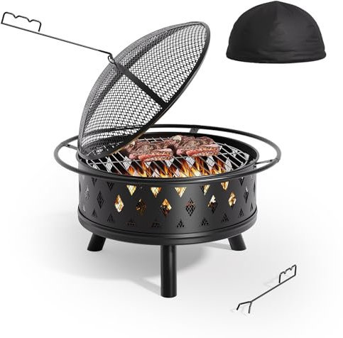Xbro Braciere da Giardino Ø76 cm, con Griglia, Parascintille e Copertura Impermeabile, Braciere Esterno per Riscaldamento, Barbecue e Campeggio, Nero