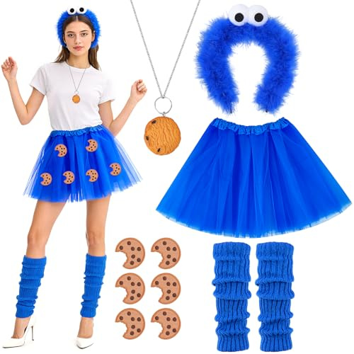 SelfTek Karneval Krümelmonster Kostüm Damen - Faschingskostüme Damen mit Rock Haarreif Halskette Bein Stulpen, Krümelmonster Kostüm Accessories für Karneval Fasching Party Cosplay