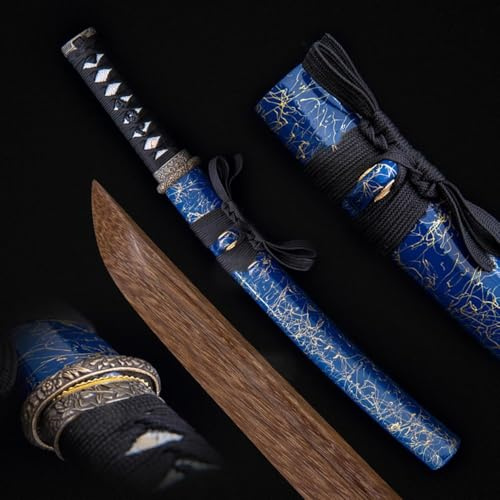 Korta träsamurajsvärd, japanska wakizashi i trä, naturligt wengeträ katana, handgjorda bokken för presenter, dekoration, display, cosplay, tillbehör-Blue||53CM