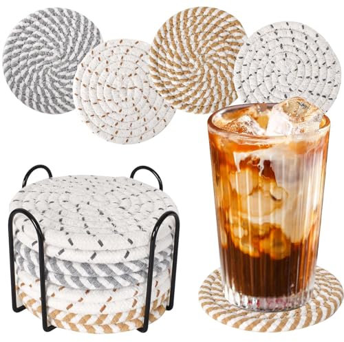 Set Di 8 Sottobicchieri Rotondi In Cotone Con Supporto In Ferro, Sottobicchieri Assorbenti per Bevande, Sottopentola Cucina di Cotone, Sottopentola per Proteggere Il Tavolo (8, 11,5)