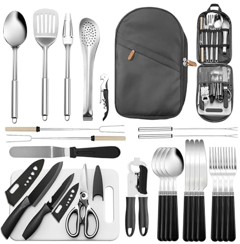 Accesorios Equipo de Campamento 27pcs, Utensilios de Cocina de Campamento, Accesorios Necesarios para Acampar, Juego de Viaje Organizador, kit camper furgoneta para Viajes, picnics, barbacoas, Fiestas