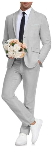 Ensemble 2 pièces en lin pour homme avec blazer à bouton unique et pantalon - Coupe classique - Revers à encoche - Costumes de smoking formels, gris argenté, L