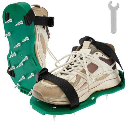 GWCYMYD Nagelschuhe 30,5x14x8 cm Federdesign Rasenlüfter Schuhe Vormontiert mit Verstellbaren Klettbändern Robust Rasenbelüfter Schuhe zum Rasen Belüften und Auflockern (Grün)