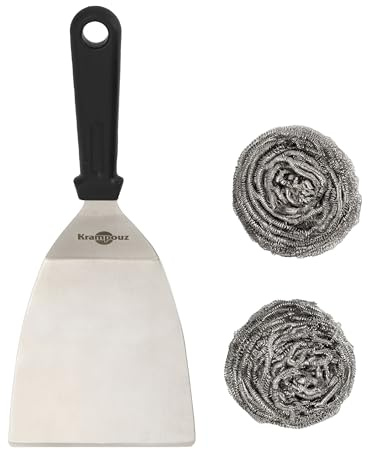 KRAMPOUZ - Kit completo de limpieza para plancha en acero inoxidable - 1 espátula angulada de acero inoxidable y 2 bolas de acero inoxidable - Limpieza rápida y sin esfuerzo de las planchas