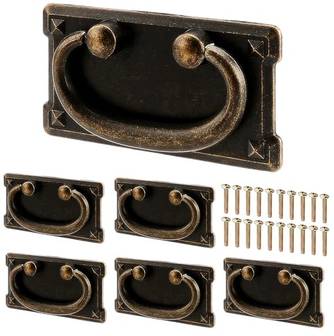 JEUIHAU 6 Pcs Vintage Drawer Ring Pull Handles, Antique Bronze Drawer Handles with Screws Rectangle Pull Handle for Bedroom Wardrobe Cupboard Dresser Drawer Cabinet, 96 x 53 mm