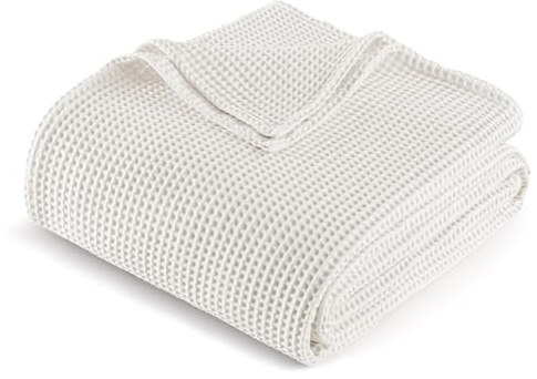 Exclusivo Mezcla Plaid Couverture en 100% Coton Gaufré, Légère, Douce et Confortable pour Lit, Canapé et Bureau, Toutes Les Saisons, 220x240 cm, Blanc