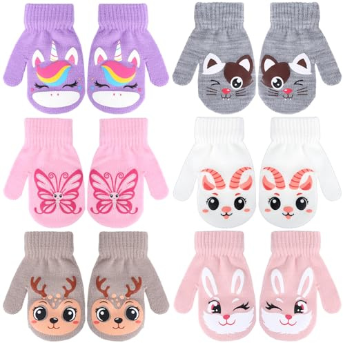 QKURT 6Pcs Gamins Gants Extensibles Magiques, Gants d'Hiver pour Enfants Mitaines Tricotées Douces, Mitaines Chaudes Avec Motifs de Dessins Animés pour Garçons et Filles