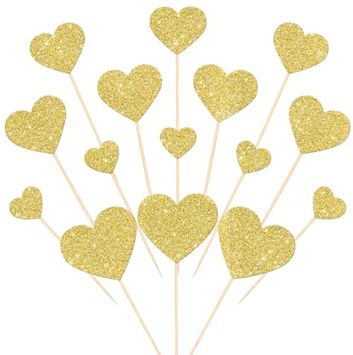 Xsstarmi 35 Pack Love Heart Cupcake Toppers Gold Glitter Sweet Heart Cupcake Picks for Baby Shower Bridal Wedding Birthday Valentine's Day Party Cake Decorations Supplies