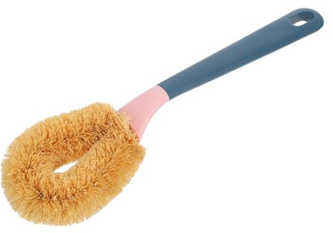 BELLIFFY Natural Coconut Fibre Pot Brush with Long Handle Scrub Brush for Dish and Plate Cleaning Comfortable Non Scratch Kitchen Tool in Dark Blue with Hanging