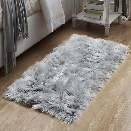 Faux Lambskin Sheepskin Rug 60 x 90 cm, Faux Lambskin Rug Fluffy Soft Fur Rugs Longhair Fur Imitation Lambskin Carpet for Chairs Sofa Bedroom Children's Room (Grey, Rectangular)