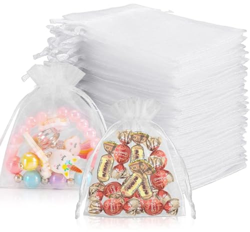 HABNI Sachet Organza 100 Pièces Blanc, Longueur 7Cm Pour Baptême Mariage, Sachet Dragée Lavande, Pochette Bijoux Bonbon, Sac Cadeau Anniversaire Noël