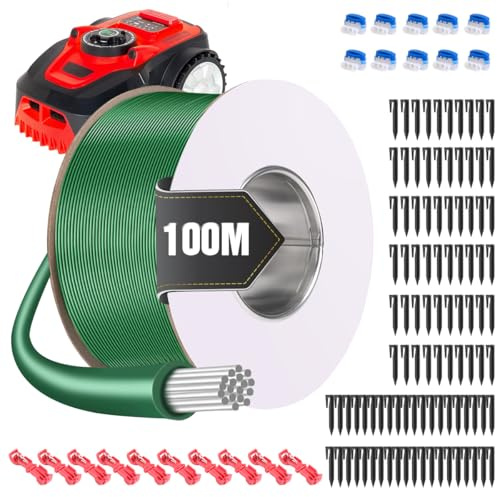 100M Filo Perimetrale Robot Tagliaerba + 100 Picchetti + 10 Morsetti per Cavi + 10 T-Tap Connettore, Cavo Robot Tosaerba Universale Cavo di Limitazione Compatibile con Gardena Bosch Husqvarna Worx