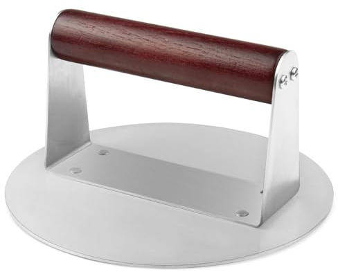 Pressa per hamburger,pressa per carne di alta qualità,acciaio inox,manico in legno massello,adatta per griglie piatte, pressa gli hamburger e ne estrae il grasso,facile da pulire,dimensioni:16x16x9 cm