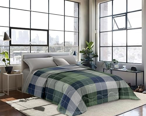 INTRECCI Piumino Matrimoniale, 260 x 260 cm, Piumino Ecologico, Caldo, Invernale, 300 g/m², Anallergico e Antiacaro, Made in Italy, Lavabile in Lavatrice, Soffice, Morbido. Fantasia: Quadri verde