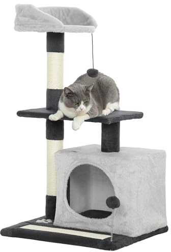 PawHut Albero Tiragraffi per Gatti Alto 85 cm, Torre per Gatti e Gattini con Casetta, Lettino Superiore, Pallina, Pali in Sisal e Tappetino Tiragraffi, Grigio Chiaro
