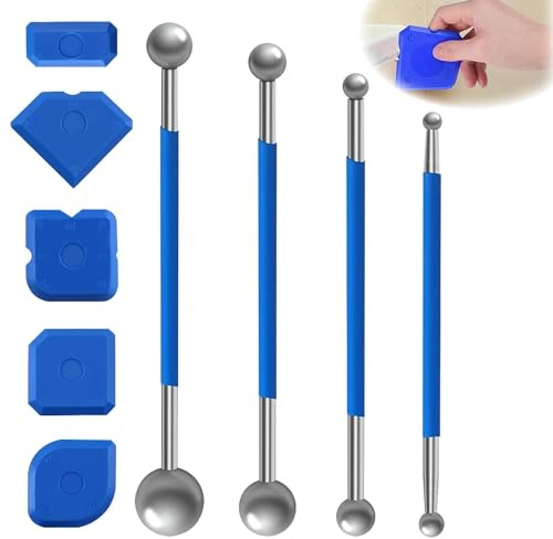 9 Stück Silikon Badezimmer Werkzeug Schaber Kit Fugenglätter Set 4 Stk Metallkugel Abzieher 5 Stk Silikon Fugenglätter Silikon Fugenglätter für Badezimmer Küchenfliesen Blau