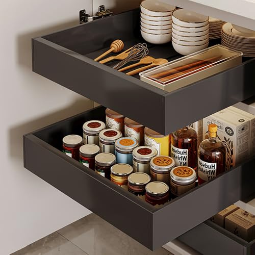 2pc Ausziehbare Schublade Küche,Auszug Küchenschrank,Auszug Küchenschrank,Schubladen-Aufbewahrungsregal,Mit Ausziehbarer Schublade,Keine Bohrungen Und Nägel Erforderlich, 42×25×7 Cm, 2 Stück, Schwarz