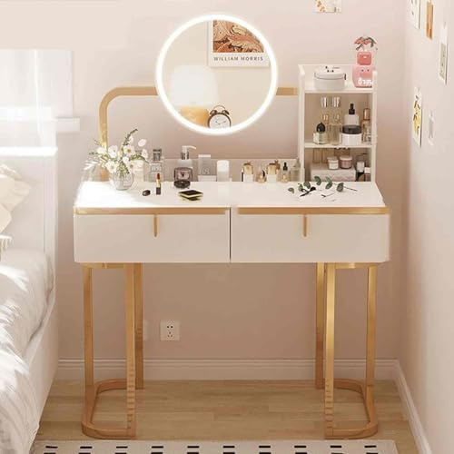 LED-sminkbord med spegel 2 stora lådor, 3 ljusnivåer, öppna hyllor, platsbesparande design 100 cm (stil 1 ingen pall) modernt toalettbord