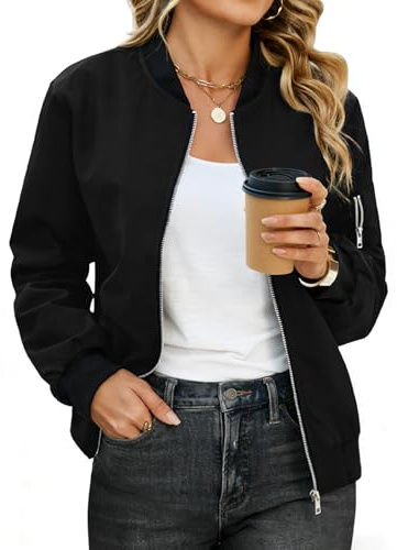CMTOP Chaqueta Bomber Mujer Abrigo Corta Ligera Piloto Manga Larga con Cremallera Sudadera Casual de Primavera Otoño Blouson Cortavientos Exterior con Bolsillos(Negro, M)
