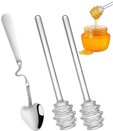 DASHUI 3 Stück Honiglöffel, Glas und Edelstahl, Marmeladenlöffel Für Honig, Joghurt, Sirup, Hochwertige Honig Löffel, Rührstäbchen, Honigstab für Honigtopf, Behälter