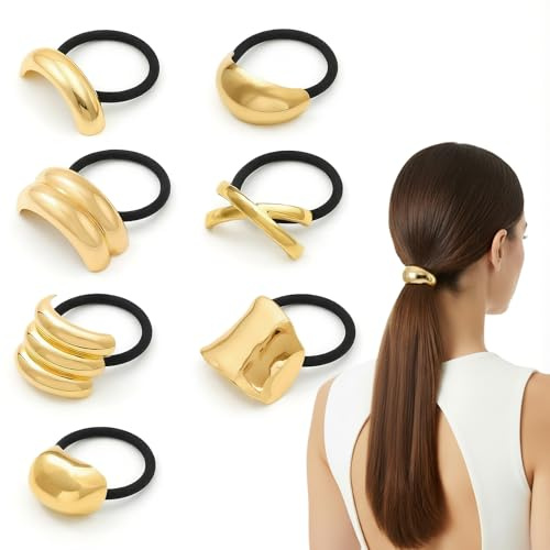 7 Piezas de Gomas Pelo de Metal – Elegantes Puños de Metal Dorado para Cola de Caballo, Accesorios Ideales para Mujeres, Cabello de Espesor Medio